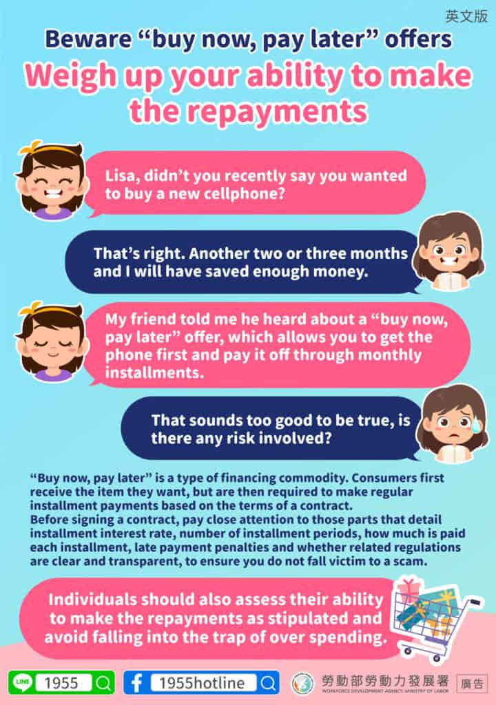 移工宣導｜先享受後付款？應衡量自身還款能力-多國語示意圖