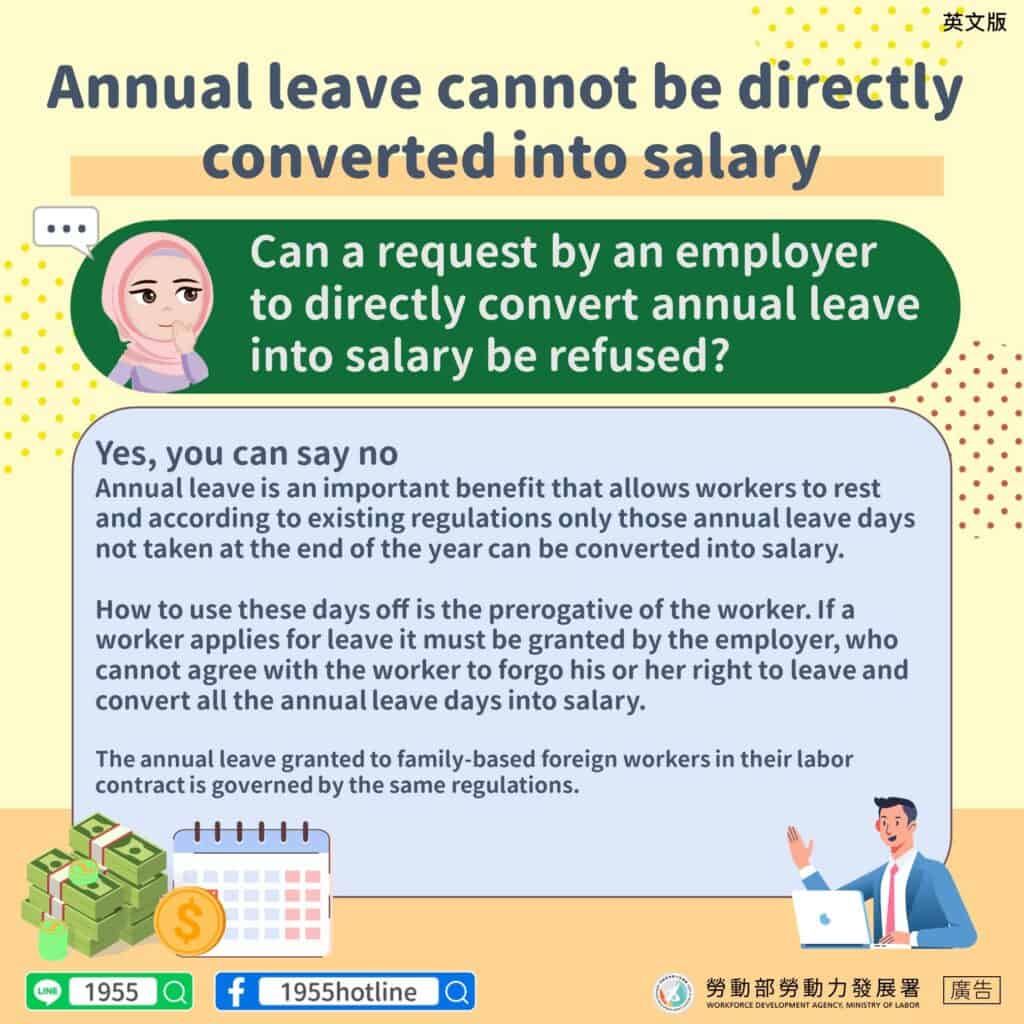 移工宣導｜特休不可直接折算工資-多國語示意圖