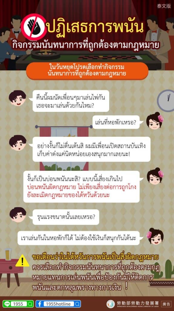 移工宣導｜拒絕賭博-合法休閒活動宣導-多國語示意圖