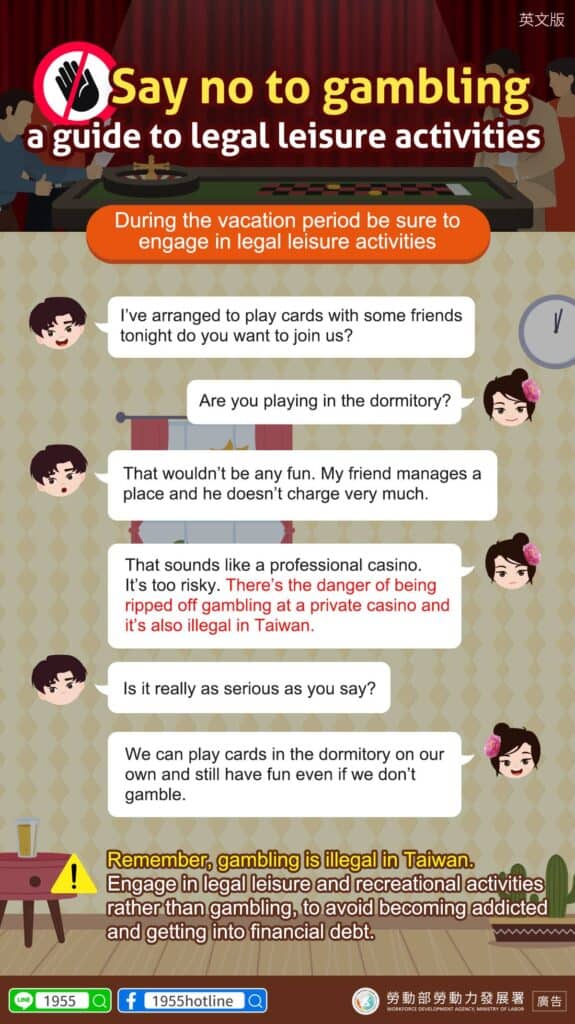 移工宣導｜拒絕賭博-合法休閒活動宣導-多國語示意圖