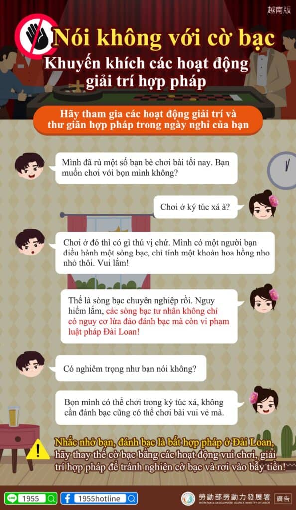移工宣導｜拒絕賭博-合法休閒活動宣導-多國語示意圖