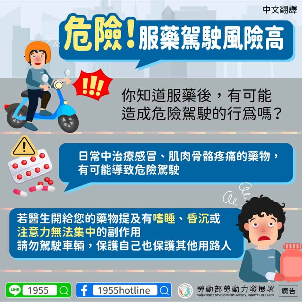 移工宣導｜危險！服藥駕駛風險高-多國語示意圖