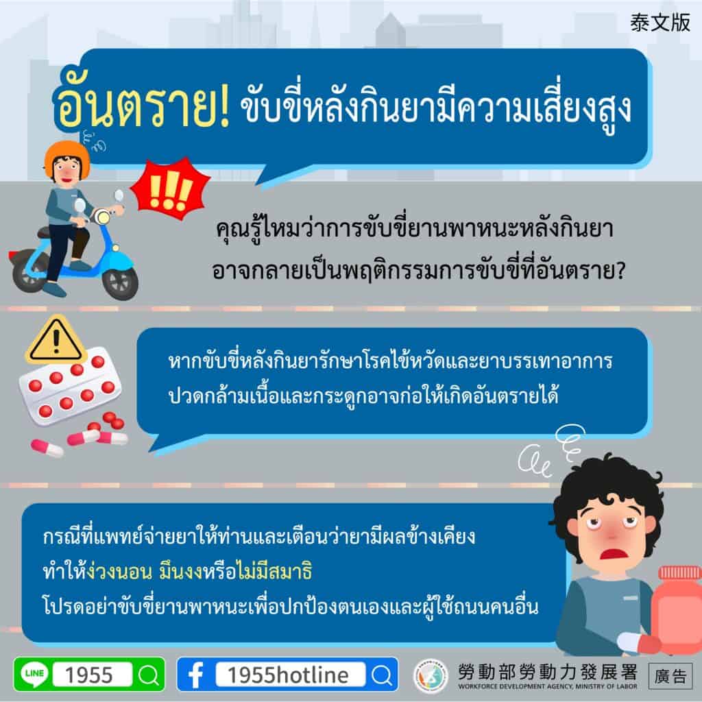 移工宣導｜危險！服藥駕駛風險高-多國語示意圖