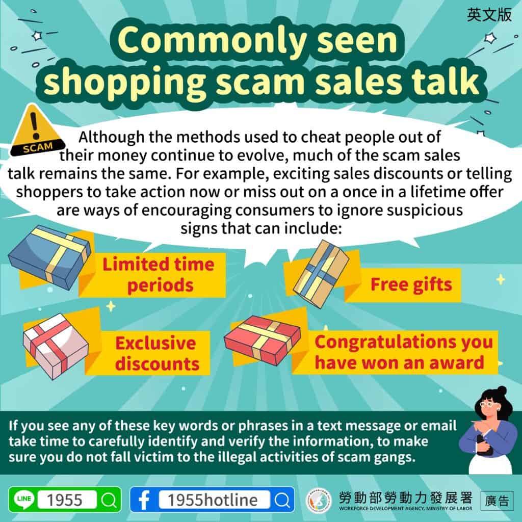 移工宣導｜常見購物詐騙話術-多國語示意圖