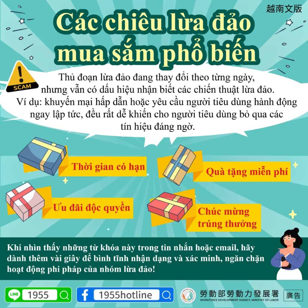 移工宣導｜常見購物詐騙話術-多國語示意圖