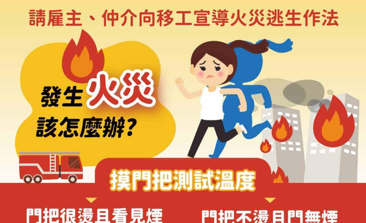 移工宣導｜請雇主、仲介向移工宣導火災逃生作法示意圖