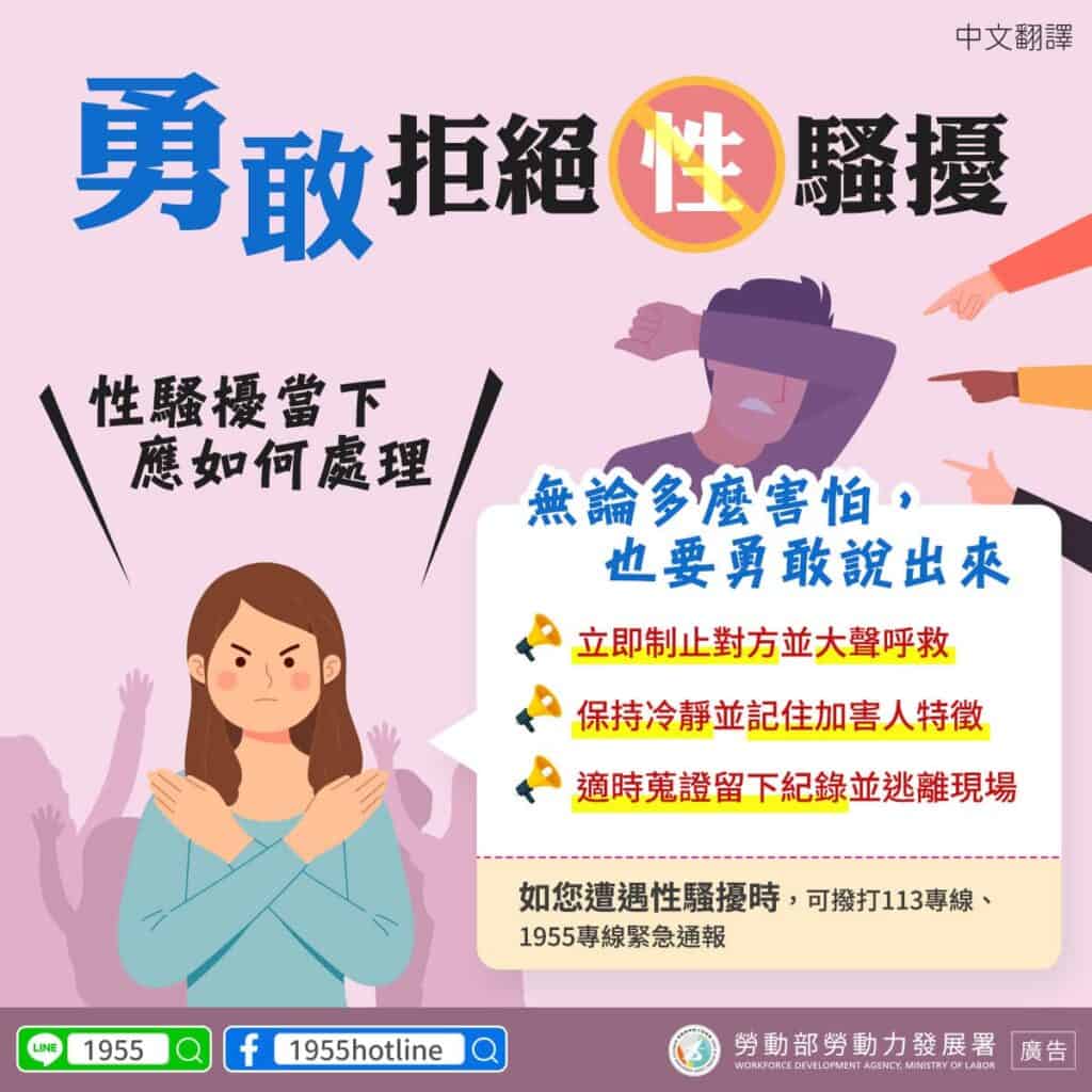 移工宣導｜勇敢拒絕性騷擾-多國語示意圖