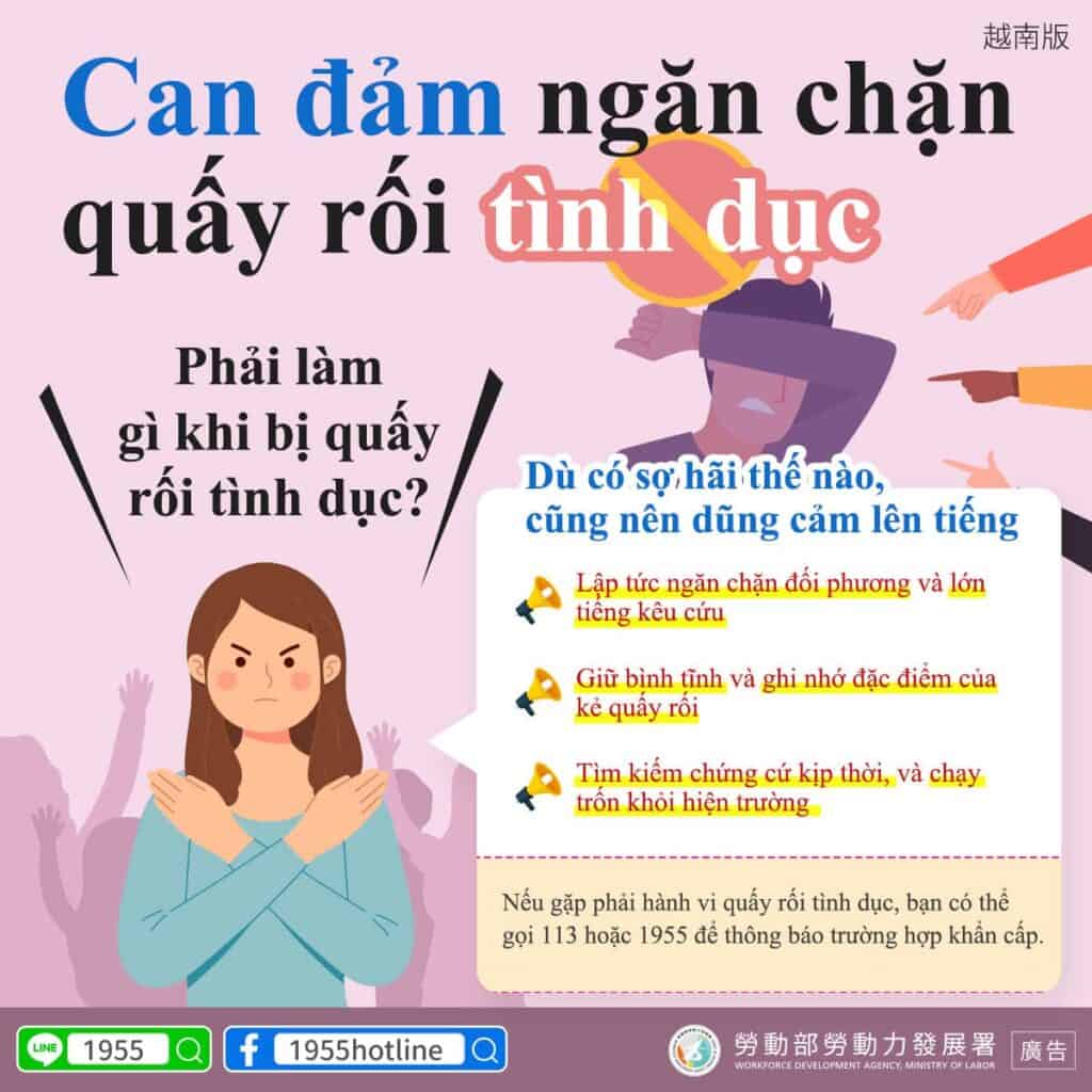 移工宣導｜勇敢拒絕性騷擾-多國語示意圖