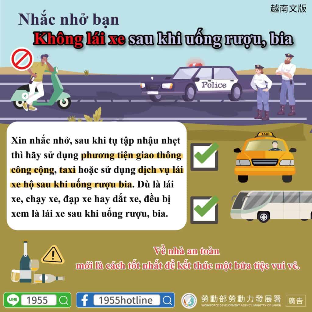 移工宣導｜提醒您聚餐飲酒後勿酒駕-多國語示意圖