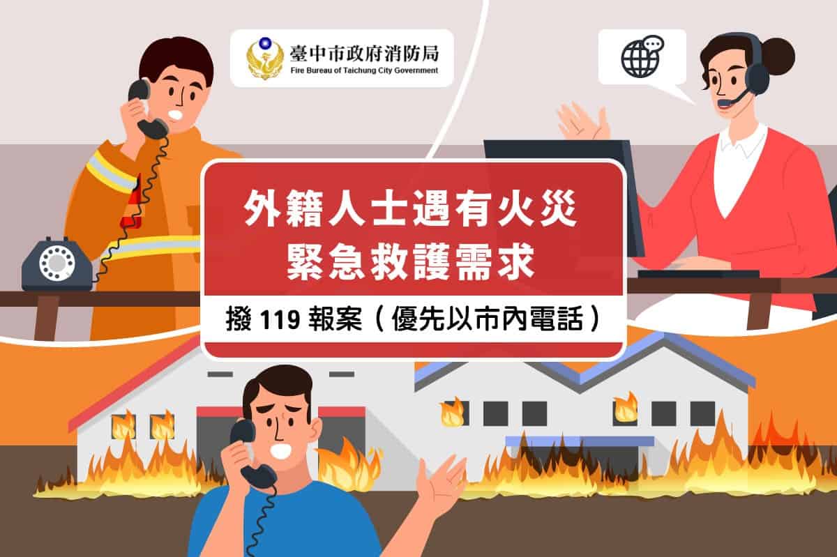 移工宣導｜外籍人士報案 印、越、菲、泰語也能通中市消防局宣導圖卡 可透過第三方翻譯示意圖