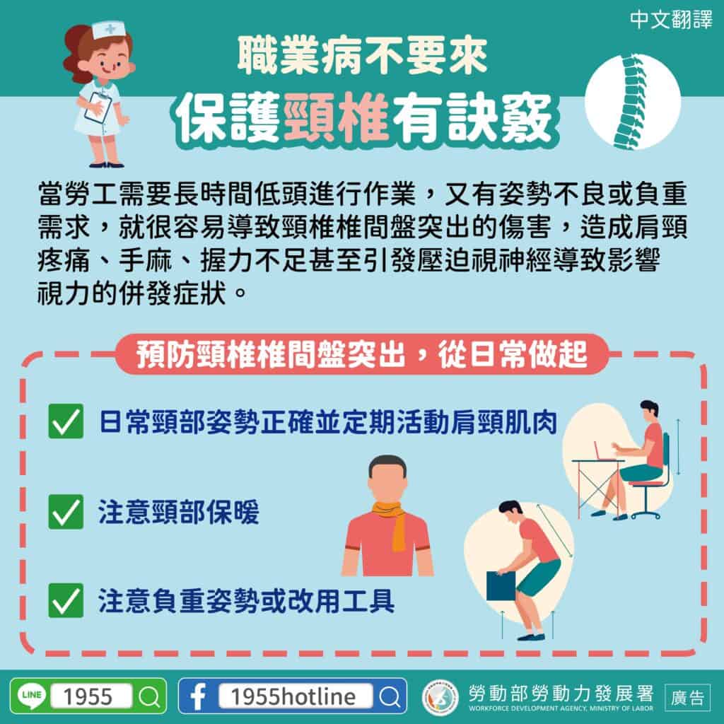 移工宣導｜職業病不要來 保護頸椎有訣竅-多國語示意圖