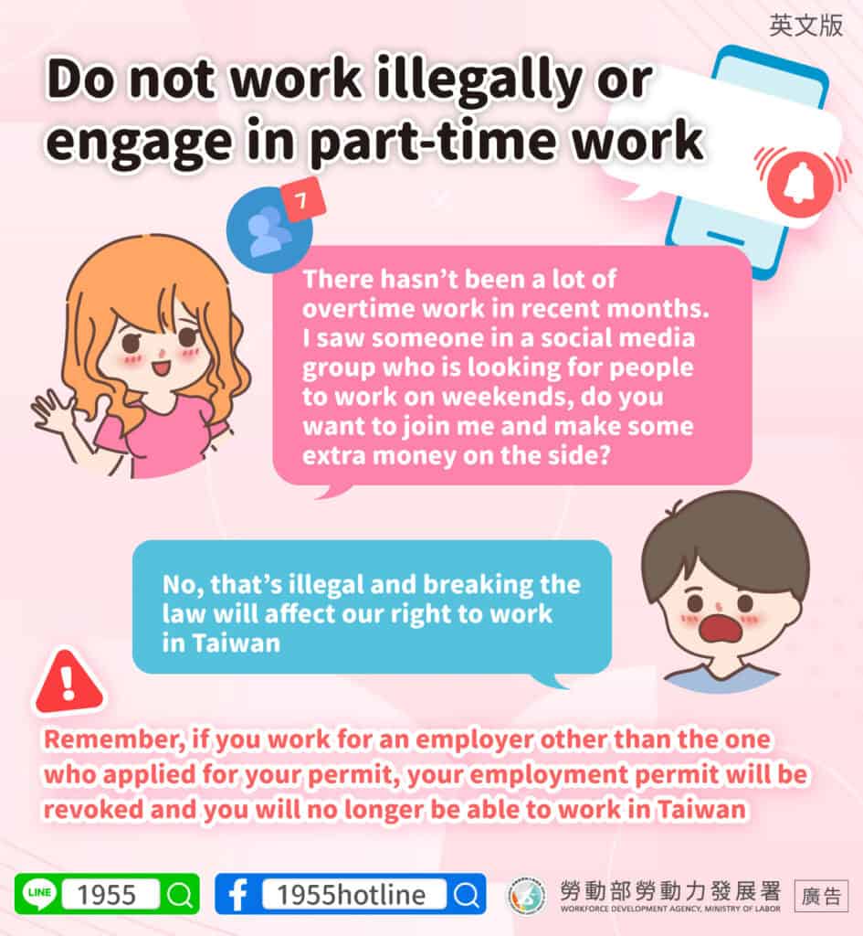 移工宣導｜請勿非法打工或兼差-多國語示意圖