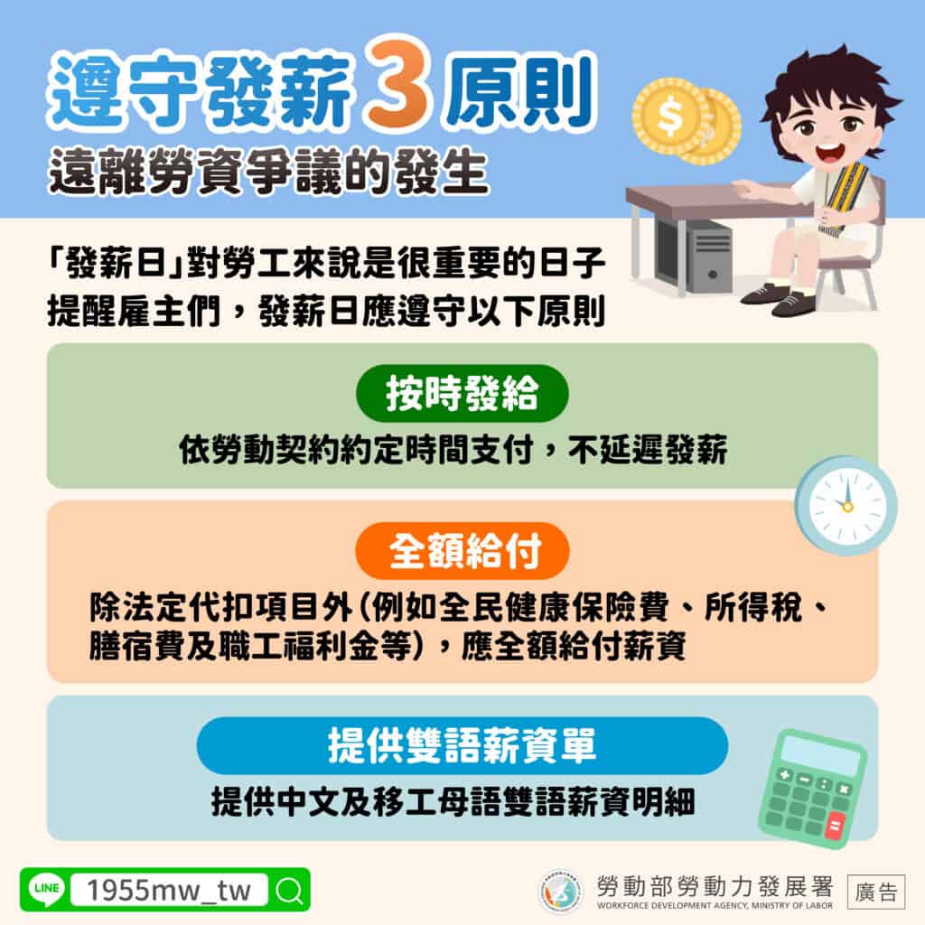 外籍移工｜遵守發薪3原則示意圖