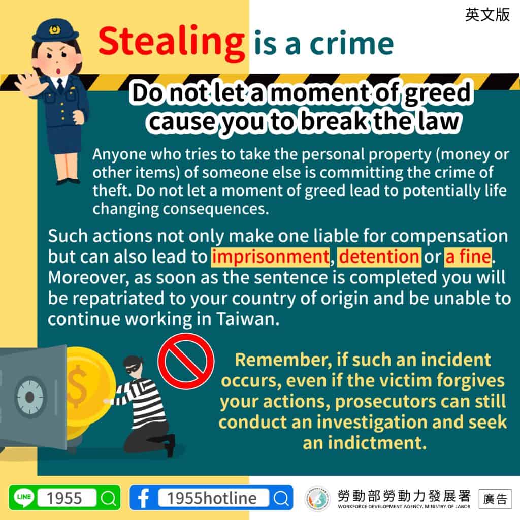 移工宣導｜偷竊是違法行為-多國語示意圖
