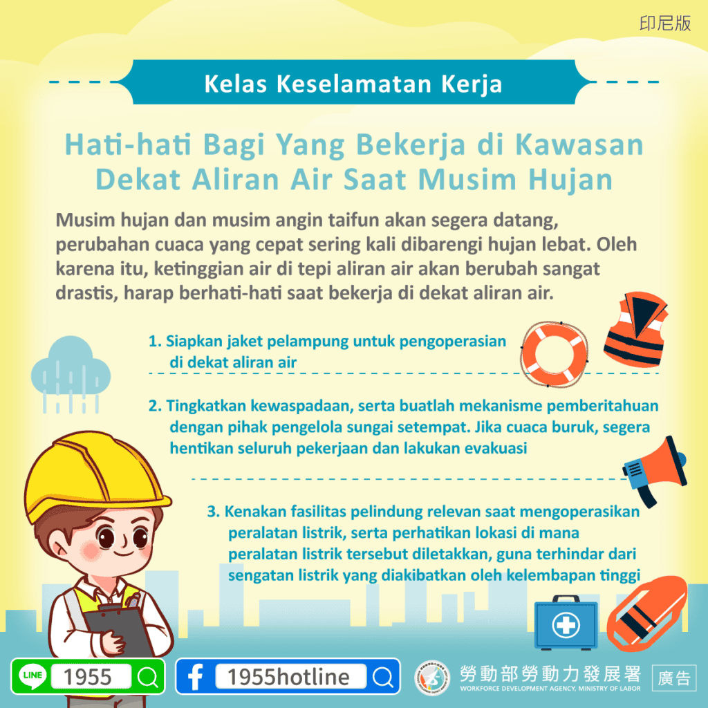 移工宣導｜雨季臨水作業-多國語言示意圖