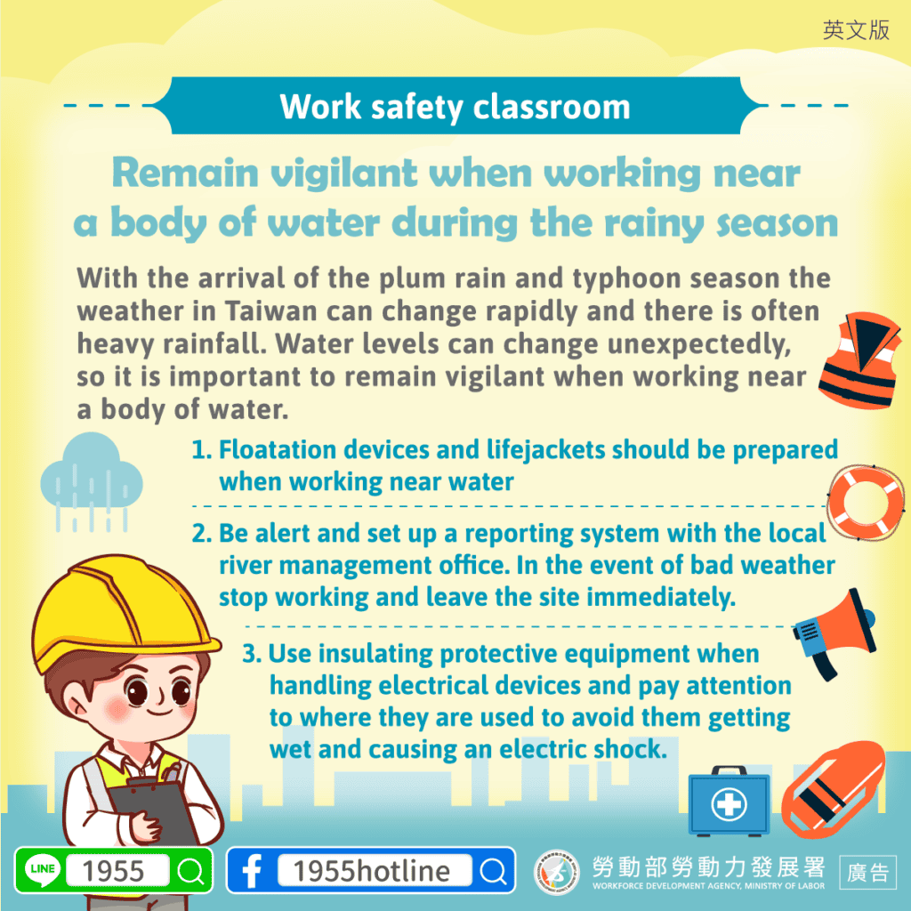 移工宣導｜雨季臨水作業-多國語言示意圖