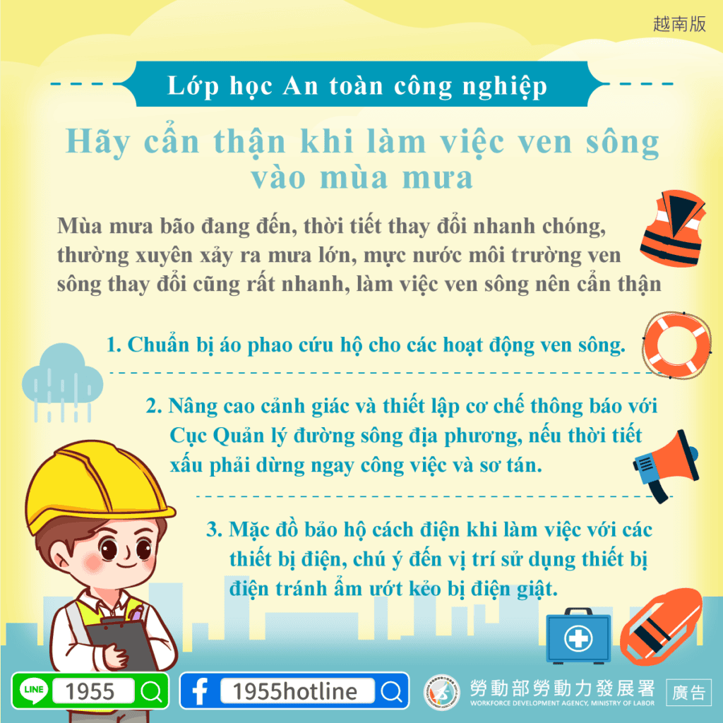 移工宣導｜雨季臨水作業-多國語言示意圖