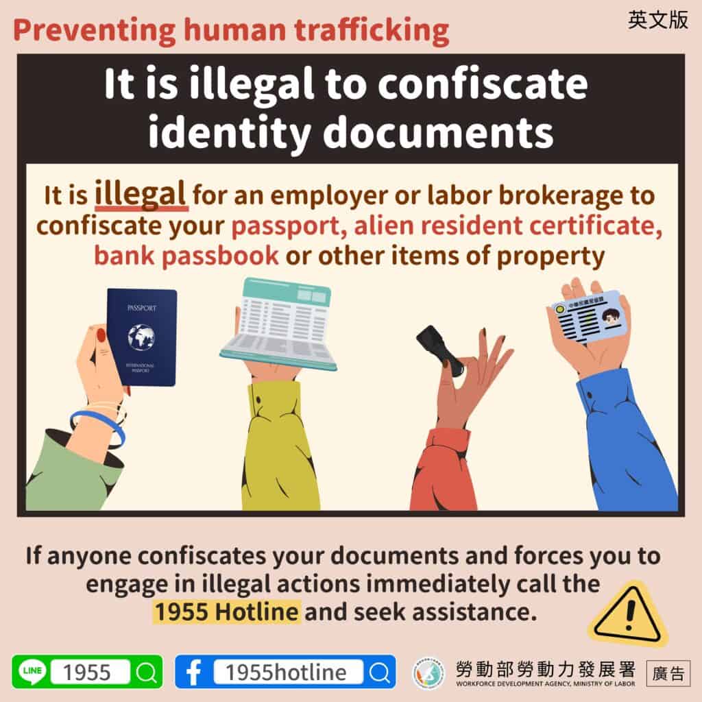 移工宣導｜人口販運預防-扣留身分證明文件-多國語示意圖