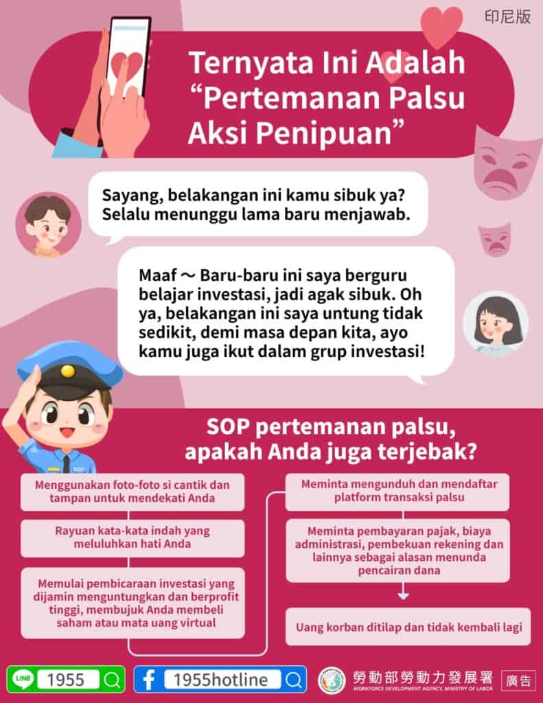 移工宣導｜警政署防詐宣導-假交友投資-多國語示意圖