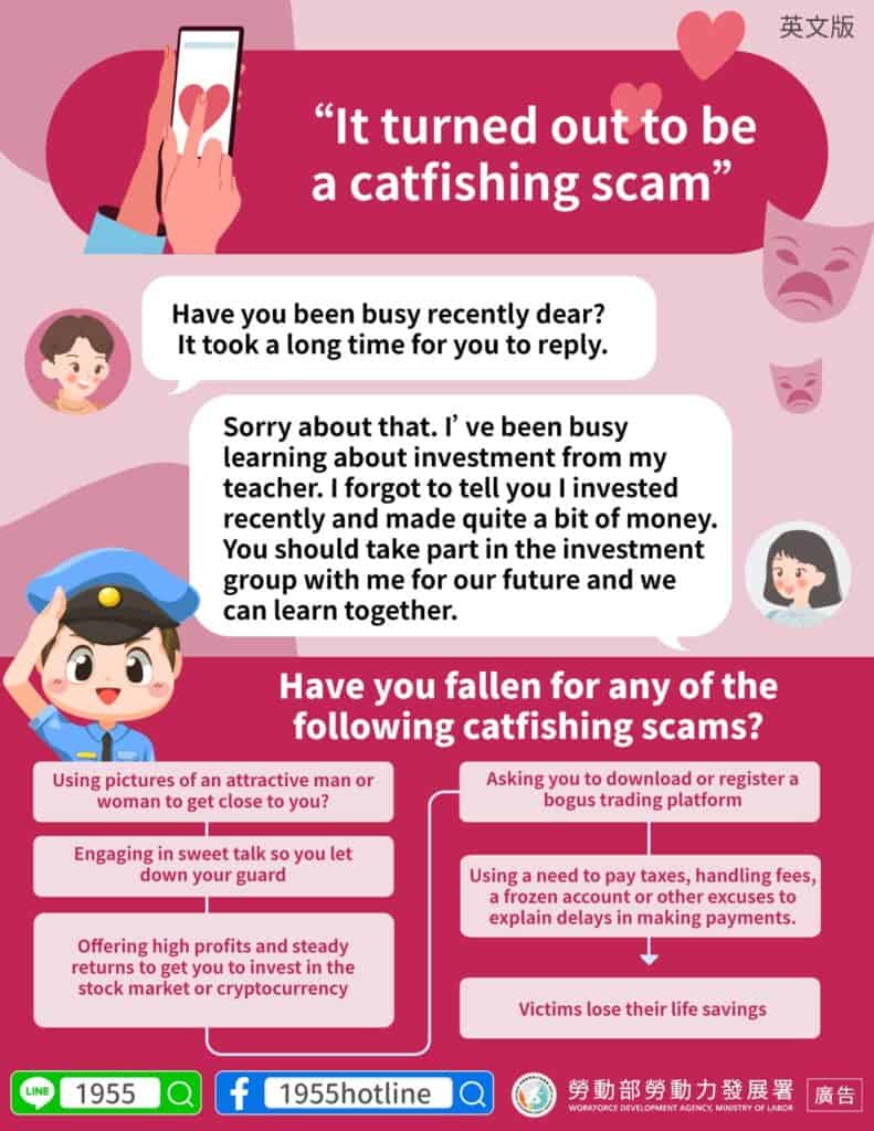 移工宣導｜警政署防詐宣導-假交友投資-多國語示意圖