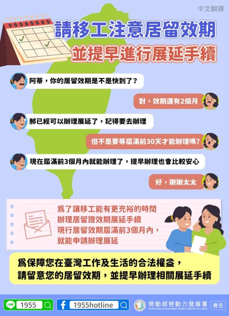 移工宣導｜居留證效期展延可提前3個月申請-多國語示意圖