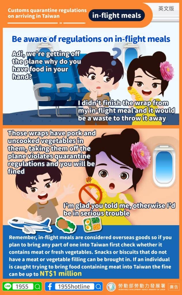 移工宣導｜入境海關檢疫規定-飛機餐-多國語示意圖