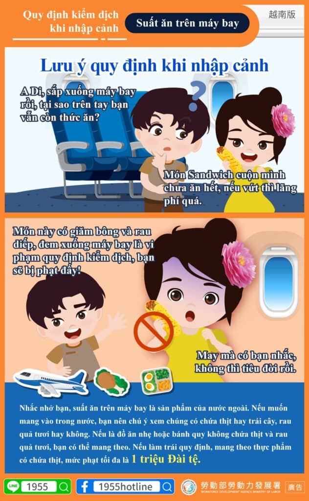移工宣導｜入境海關檢疫規定-飛機餐-多國語示意圖