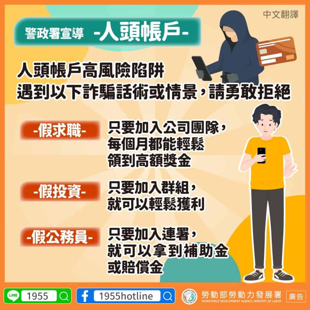 移工宣導｜人頭帳戶-多國語言示意圖