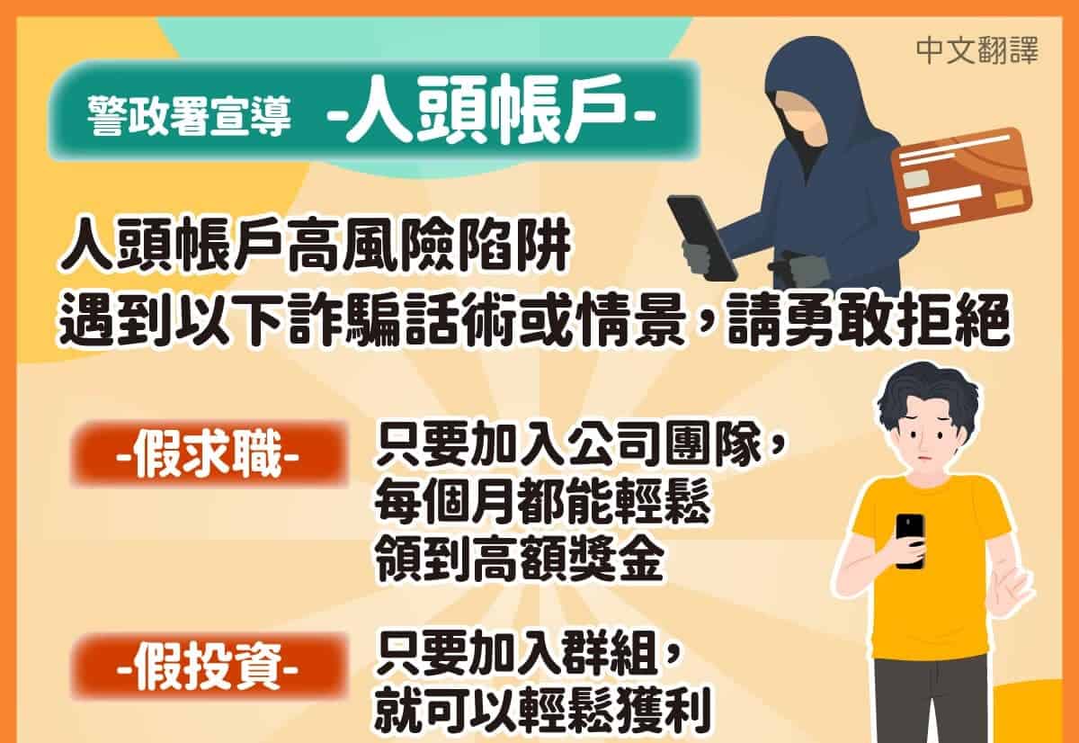 移工宣導｜人頭帳戶-多國語言示意圖