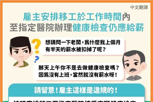 移工宣導｜健康檢查仍應給薪-多國語示意圖