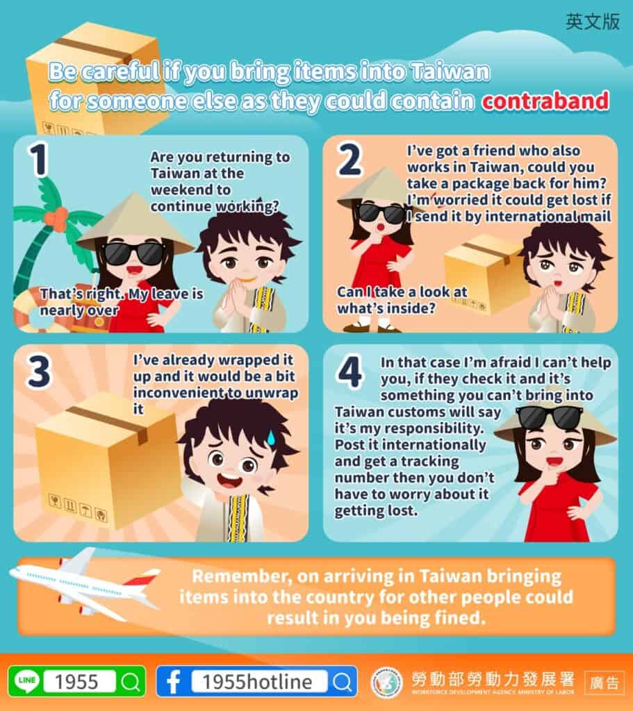 移工宣導｜幫人攜帶物品入境臺灣小心內含違禁品-多國語示意圖