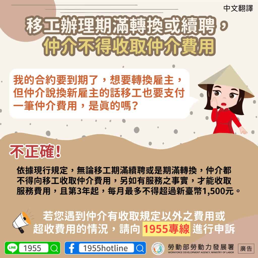 移工宣導｜移工辦理期滿轉換或續聘，仲介不得收取仲介費用-多國語示意圖