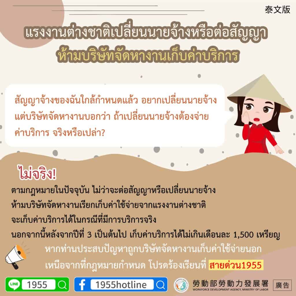 移工宣導｜移工辦理期滿轉換或續聘，仲介不得收取仲介費用-多國語示意圖