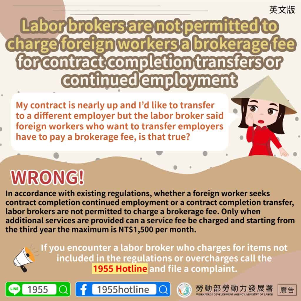 移工宣導｜移工辦理期滿轉換或續聘，仲介不得收取仲介費用-多國語示意圖