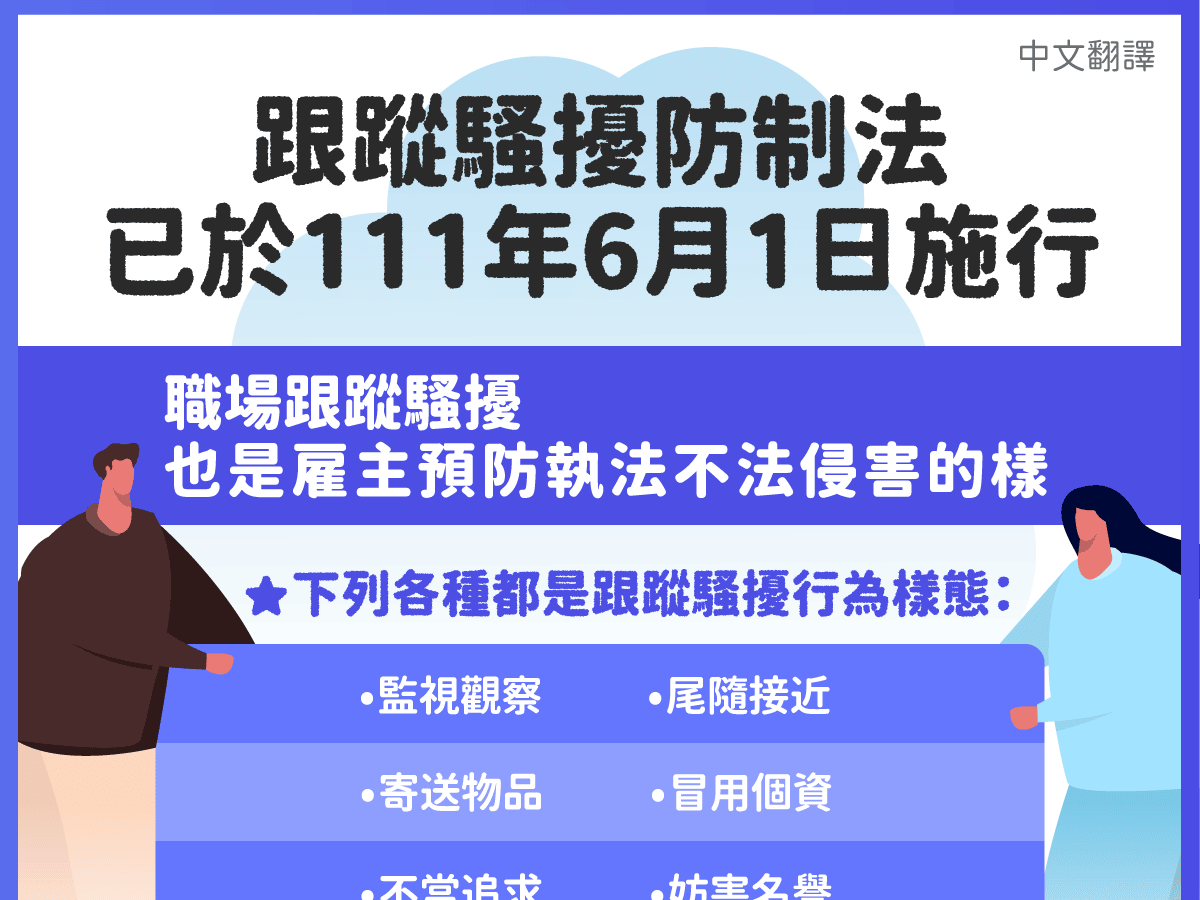移工宣導｜職場不法侵害預防-跟騷法-多國語示意圖