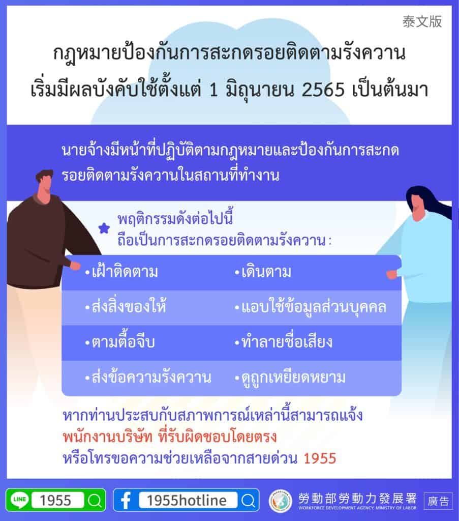 移工宣導｜職場不法侵害預防-跟騷法-多國語示意圖