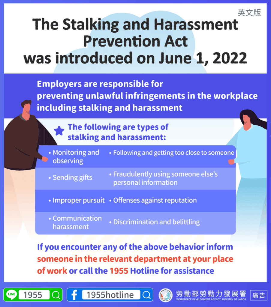 移工宣導｜職場不法侵害預防-跟騷法-多國語示意圖