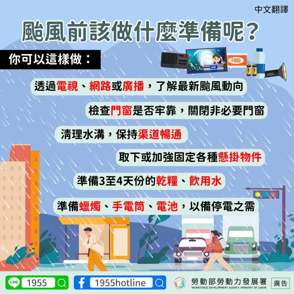 移工宣導｜颱風前該做什麼準備呢-多國語示意圖