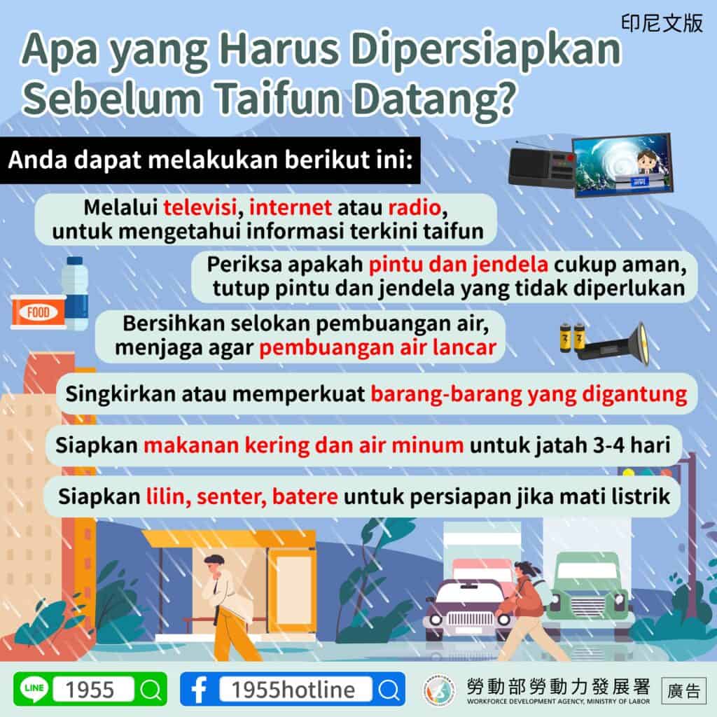 移工宣導｜颱風前該做什麼準備呢-多國語示意圖