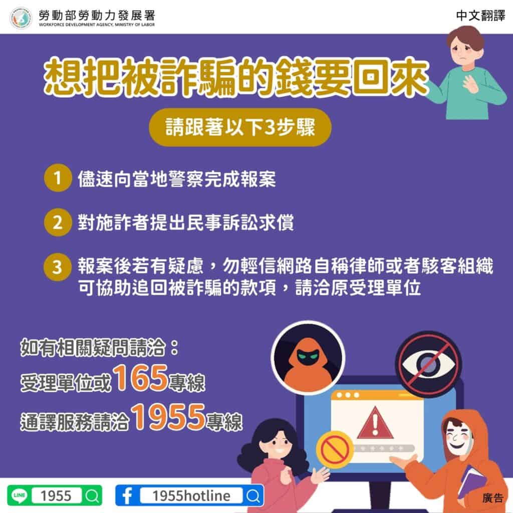 移工宣導｜詐騙追討3步驟-多國語示意圖
