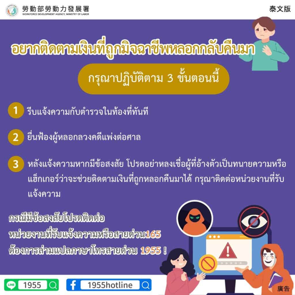 移工宣導｜詐騙追討3步驟-多國語示意圖