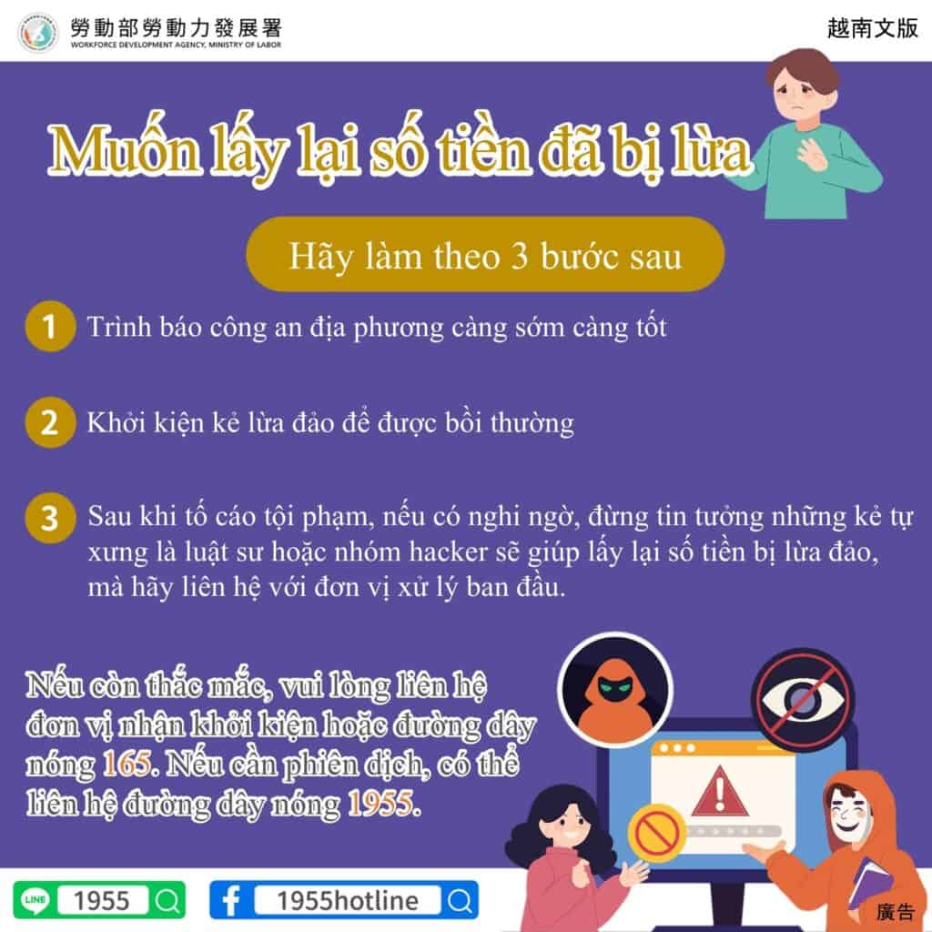 移工宣導｜詐騙追討3步驟-多國語示意圖