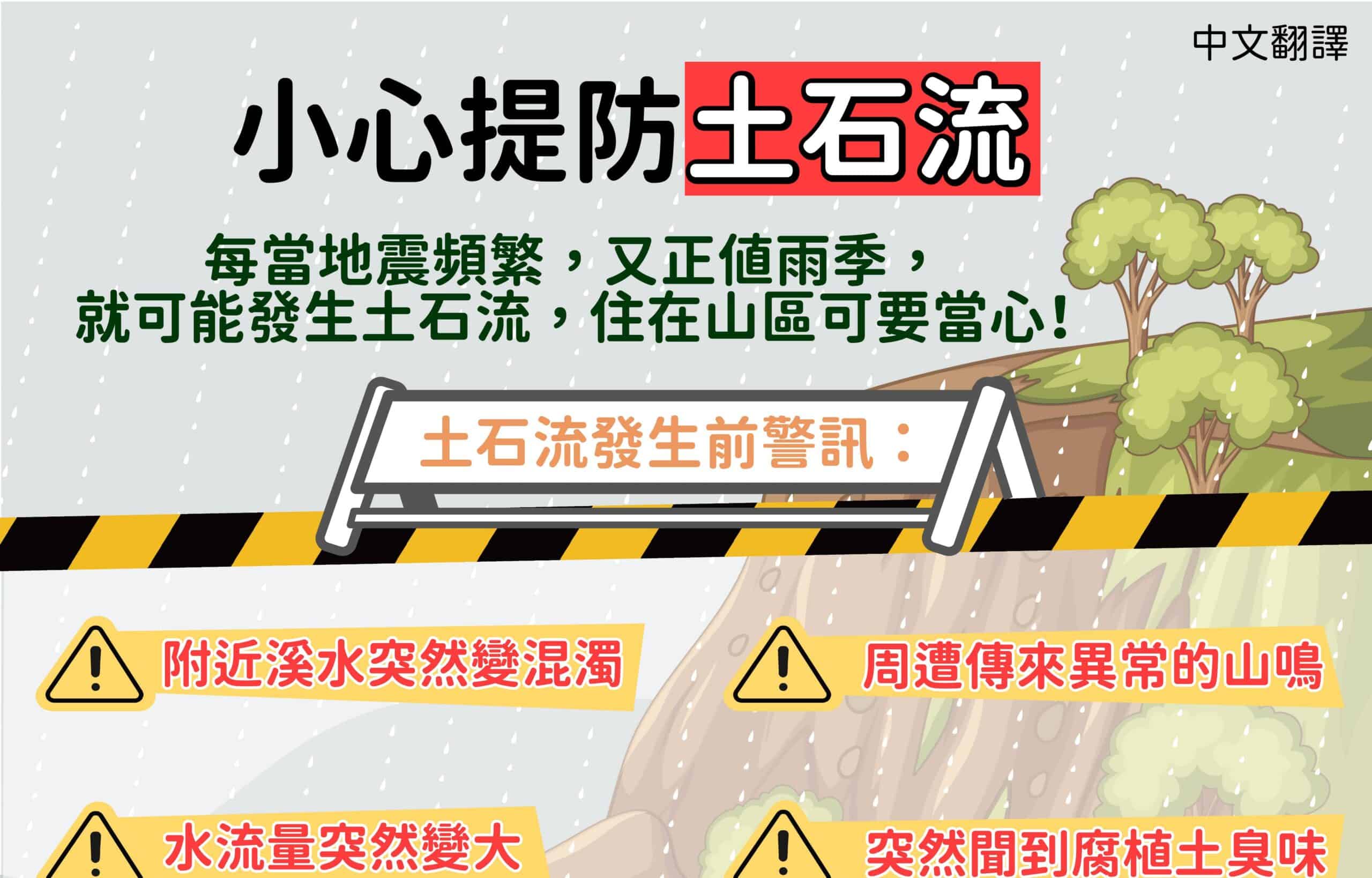 移工宣導｜小心提防土石流-多國語示意圖