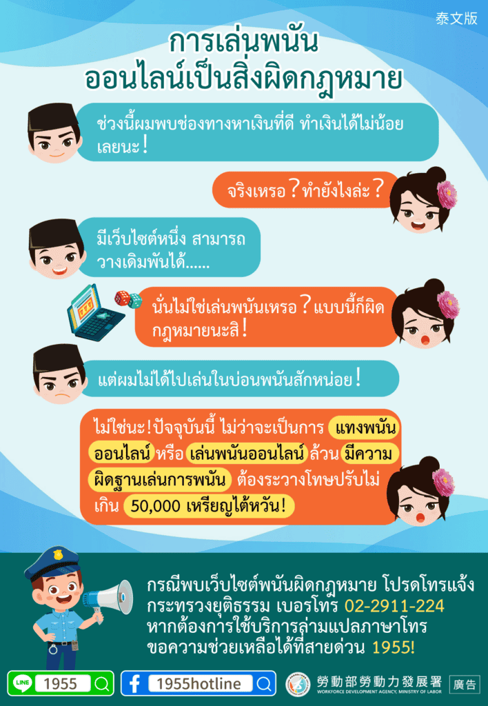 移工宣導｜網路賭博也違法-多國語示意圖