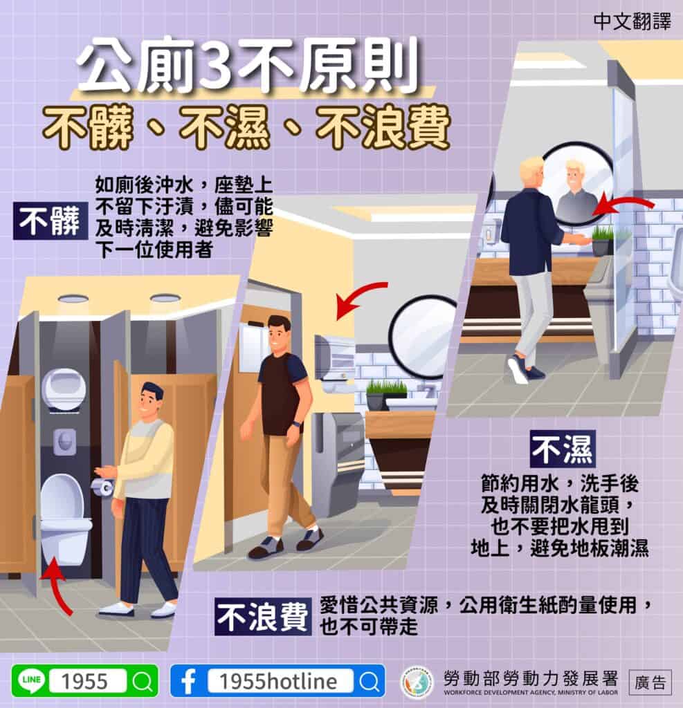 移工宣導｜公廁三不原則-多國語示意圖