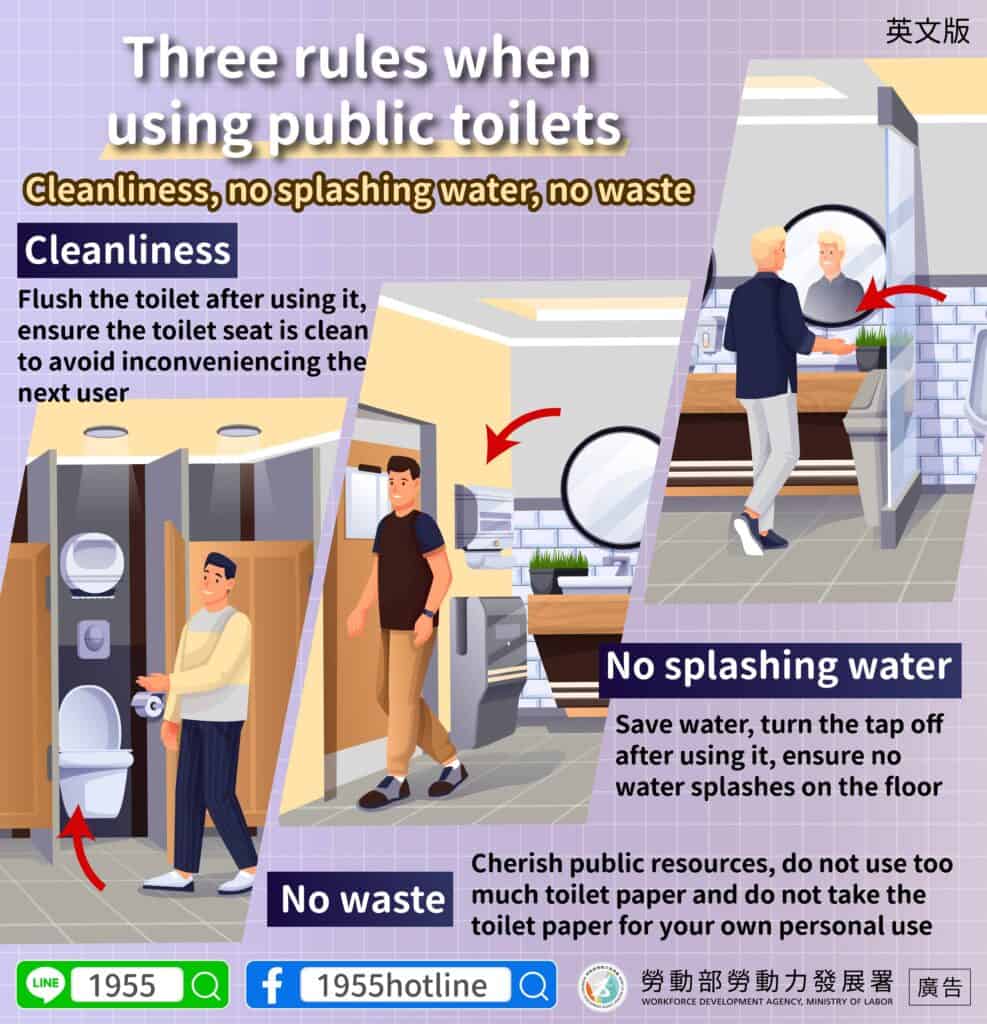 移工宣導｜公廁三不原則-多國語示意圖