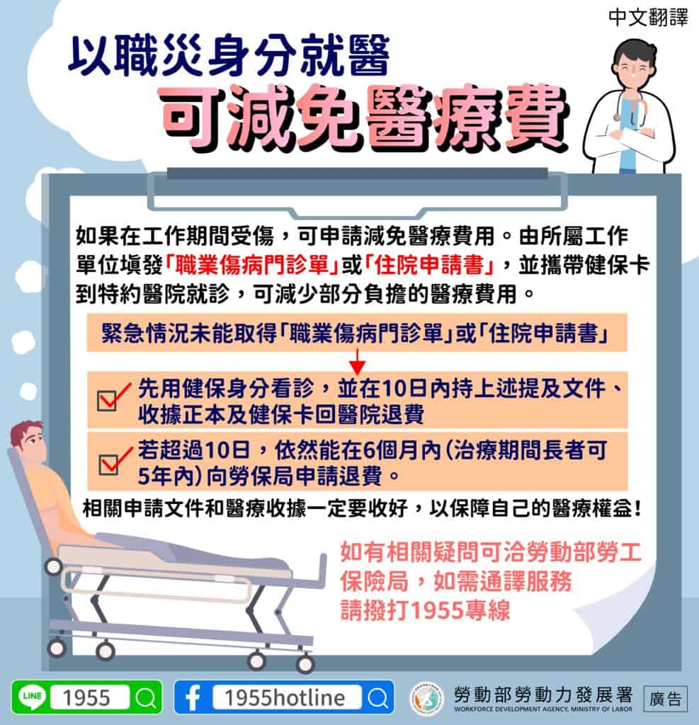 移工宣導｜職災可減免醫療費-多國語示意圖