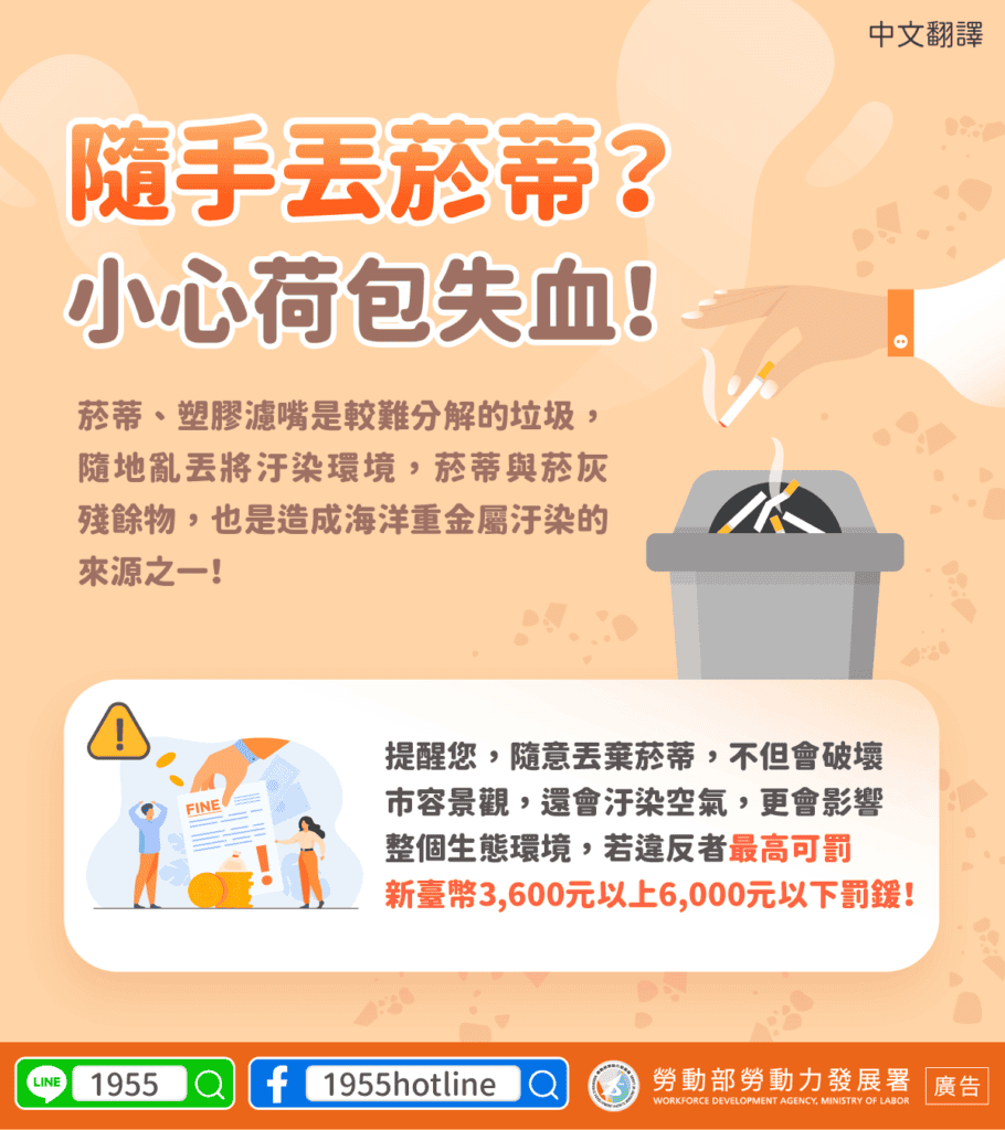 移工宣導｜菸蒂不落地-多國語示意圖