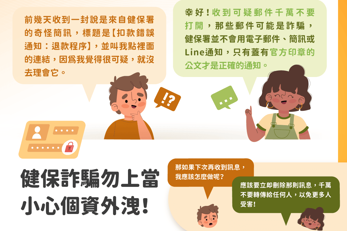 移工宣導｜健保詐騙勿上當小心個資外洩！-多國語示意圖