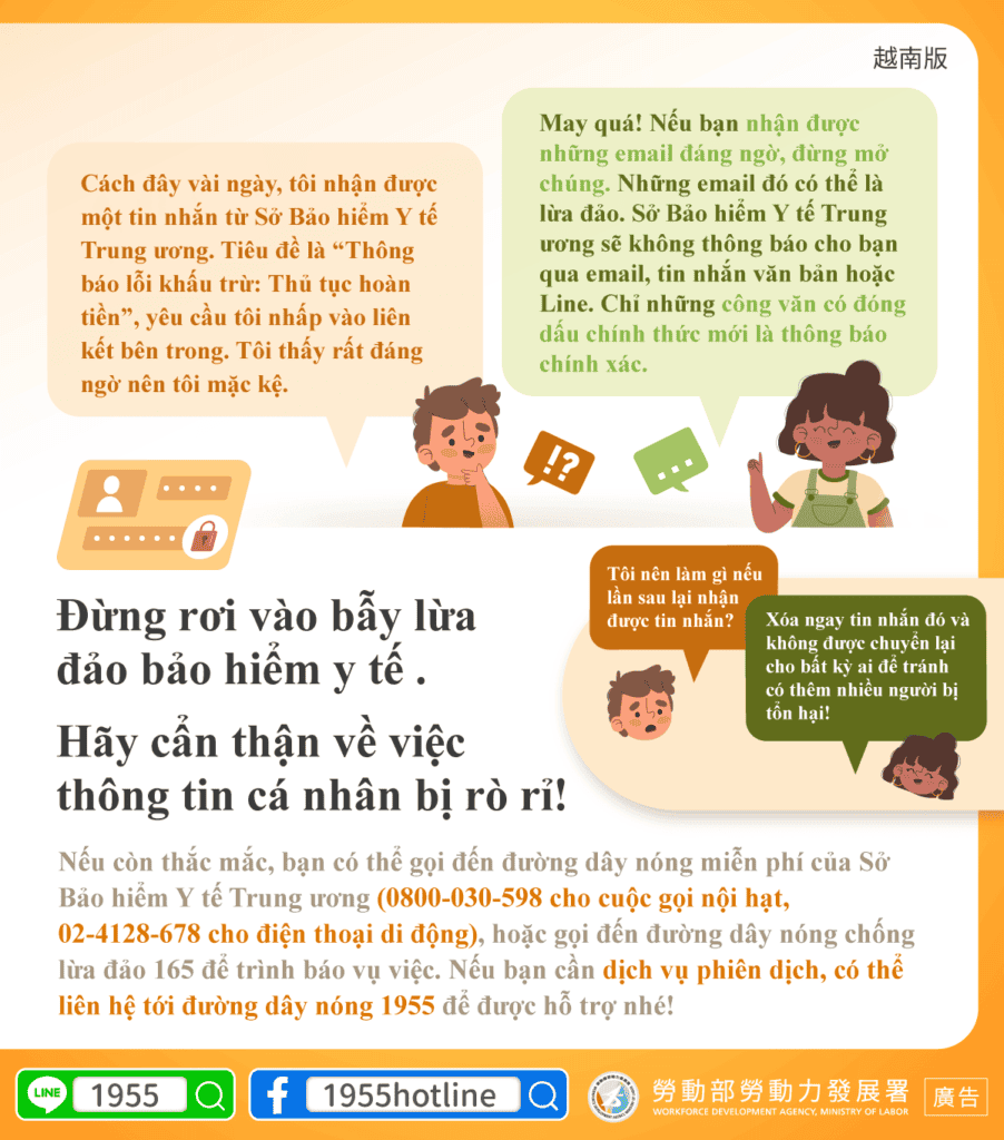 移工宣導｜健保詐騙勿上當小心個資外洩！-多國語示意圖